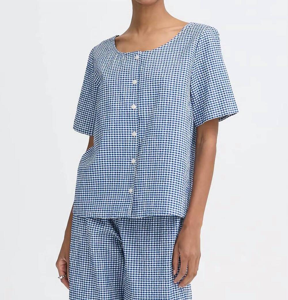 NEW ICHI jilma short sleeve blouse in sodalite blue white check